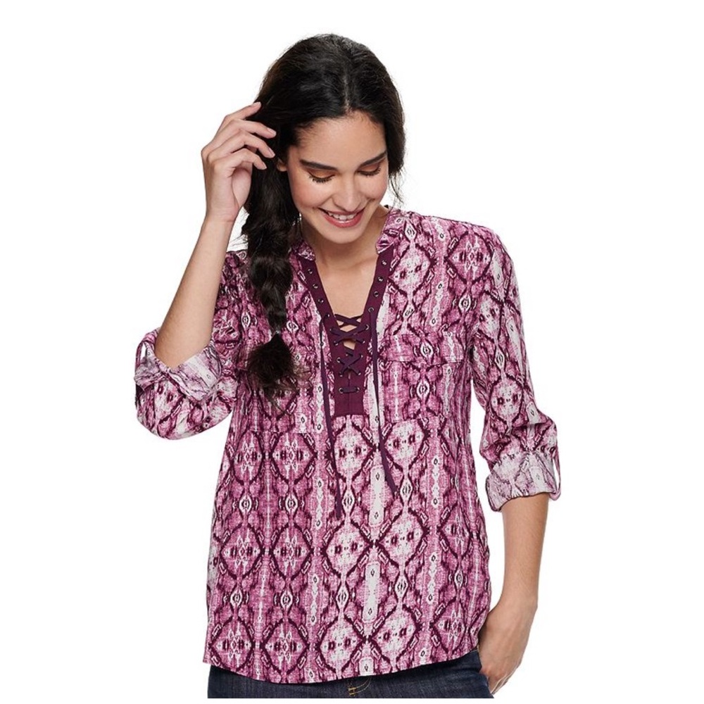 Rock & Republic Womens Plum Ikat Lace-Up Roll-Tab Sleeve Blouse Top NEW